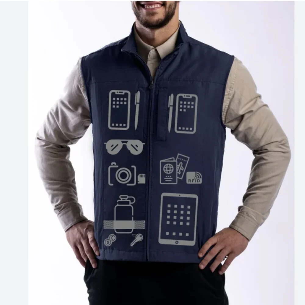 ScotteVest RFID Travel Vest Men's Navy Blue Pockets Full Zip Size XXL